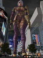 white_hair city large_breasts gloves short_hair underboob walking outdoors imminent_crush skimpy_clothing digital_render ivy_valentine