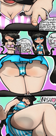 bikini drawing panties tail upskirt comic black_hair color large_breasts long_hair butt swimsuit blue_eyes cleavage butt_crush story sitting unaware shrunken_man teasing cat_girl pinned june smothering dialogue mspaintgts cleavage_window