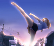 breasts drawing giantess panties city mega upskirt color large_breasts long_hair skirt brunette kick uniform houses outdoors sunrise martial_arts morning みとん miton