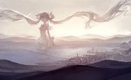 drawing giantess city mega color long_hair bridge ocean unknown_artist twintails mountains outdoors closed_eyes sunrise source_needed