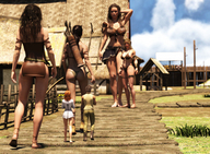 breasts giantess blonde black_hair long_hair butt barefoot bra skirt brunette multiple_sizes red_hair mini_giantess sandals village giantesses tribal outdoors bow skimpy_clothing digital_render loincloth quiver bikini_hip