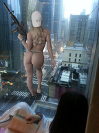 bikini giantess collage city blonde black_hair long_hair destruction barefoot gun walking outdoors big_butt reading baseball_cap debris redcoffee1 backwards_hat assault_rifle