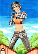 drawing giantess black_hair color clothed pose short_hair belly pants houses outdoors top belt gauntlet punching