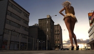 breasts giantess nude panties city upskirt blonde long_hair butt sandals vehicles dark_skin outdoors sweater behind_view digital_render giantess_lover45