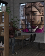 gentle giantess blonde clothed window sweater runswithferrets looking_in scarf digital_render