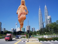 breasts giantess collage nude city mega blonde long_hair barefoot petronas_towers vehicles outdoors raised_foot imminent_crush kuala_lumpur zigi550