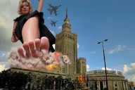 giantess collage city blonde destruction clothed toes barefoot short_hair jets smoke outdoors imminent_crush debris foot_raised zigi550