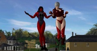 giantess panties blonde black_hair long_hair cleavage yellow_eyes gloves short_hair boots giantesses houses outdoors jacket leotard red_skin digital_render she-hulk bare_legs marvel_comics red_she-hulk skintight_clothing betty_ross