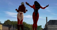 giantess panties blonde black_hair long_hair butt cleavage gloves short_hair boots giantesses houses outdoors jacket leotard red_skin digital_render she-hulk marvel_comics red_she-hulk skintight_clothing betty_ross