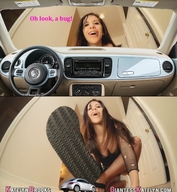 collage long_hair brunette smiling sandals looming giantess_katelyn looking_down open_mouth vehicles imminent_crush carcrushlover