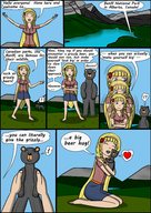 drawing growth giantess blonde color large_breasts long_hair barefoot skirt bear hugging outdoors
