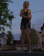 gentle giantess blonde clothed overalls standing houses runswithferrets digital_render