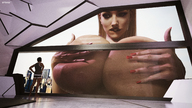 giantess city long_hair huge_breasts brunette lipstick covering_breasts looking_in looking_at_tiny digital_render gtsx3d heavy_eyeshadow