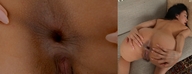 collage micro black_hair long_hair bending_over shrunken_people indoors closed_eyes sofa lips_parted spread_asshole