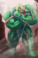 drawing blonde color destruction barefoot short_hair mini_giantess muscles hugging costume ripped_clothing green_skin she-hulk spider-man marvel_comics peter_parker