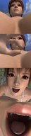 red_hair short_hair open_mouth point_of_view held_over_mouth digital_render between_breasts
