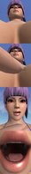 vore comic purple_hair short_hair open_mouth point_of_view licking_lips headband imminent_vore digital_render between_breasts