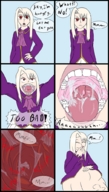 drawing vore blonde comic color long_hair clothed saliva mawshot open_mouth point_of_view dialogue no_background