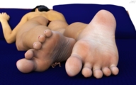 panties black_hair toes barefoot soles bed lying_down short_hair unaware shrunken_man pinned under_foot nail_polish digital_render jamesmason0