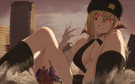 drawing giantess city blonde destruction sword cleavage red_eyes smiling socks sitting collar medium_length_hair hat legs_spread glowing_eyes uru mech skimpy_clothing