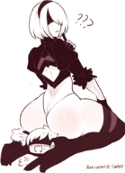 drawing giantess small_man monochrome black_hair butt butt_crush short_hair boots sitting unaware leotard blindfold source_needed thick_thighs no_background confused nier_automata 2b 9s question_mark
