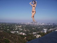 bikini giantess collage mega long_hair destruction brunette walking smoke