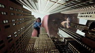 giantess collage city mega upskirt long_hair brunette low_angle dress looking_down sneakers outdoors point_of_view imminent_crush