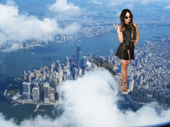 collage city mega long_hair destruction clothed skirt brunette walking sunglasses smoke outdoors bracelet peace_sign