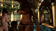 nude panties black_hair large_breasts long_hair red_hair ponytail short_hair mini_giantess underboob belly mod looking_down dialogue skyrim digital_render