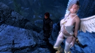 wings blonde long_hair cleavage mini_giantess underboob outdoors braid thigh_highs skyrim pointed_ears digital_render