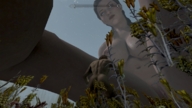 giantess nude large_breasts long_hair cleavage brunette sitting mod looking_down outdoors skyrim digital_render