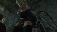 upskirt blonde long_hair mini_giantess mod indoors braid bikini_top no_panties skyrim digital_render circlet