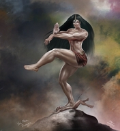 drawing horns black_hair long_hair skirt blood mini_giantess foot_crush muscles shrunken_man cruel nail_polish necklace earrings thick_thighs tubetop standing_on bodyscissorfan