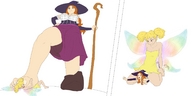 drawing wings blonde long_hair barefoot huge_breasts fairy low_angle red_hair foot_crush pigtails pinned smothering no_background witch_hat dragons_crown sorceress_(dragons_crown) size_swap tiki_(dragons_crown)