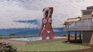 bikini giantess white_hair large_breasts long_hair pool sunglasses dark_skin houses outdoors digital_render transparent_clothing