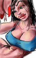 drawing nude black_hair large_breasts long_hair cleavage shrunken_man long_nails between_fingers nail_polish licking_lips top peterparkerlawl no_background pinched