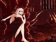bikini drawing giantess white_hair horns long_hair clothed barefoot cleavage red_eyes dress bones hanging_on legs_crossed thinking dungeon skull angelgts low_cut