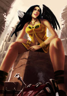 drawing wings city destruction sitting sandals looking_down outdoors necklace goggles legs_spread on_shoulder angelgts low_cut