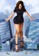 drawing giantess crush long_hair destruction high_heels buildings brunette smiling dress looking_down vehicles crowds running_away thick_thighs angelgts short_sleeves open_toe