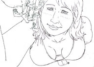 drawing giantess blushing monochrome cleavage smiling socks medium_length_hair holding looking_up hanging_on mainthegap