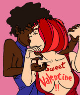 drawing large_breasts handheld cleavage brunette red_hair kissing lesbians medium_length_hair shrunken_man dark_skin curly_hair hanging_on no_background skimpy_clothing mainthegap between_breasts