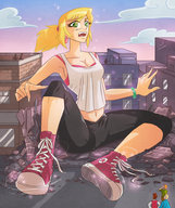 city blonde destruction cleavage green_eyes ponytail surprised looking_down open_mouth pants sneakers looking_up outdoors converse bracelet angelgts