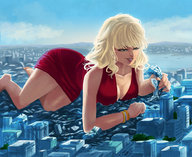 drawing giantess city blonde long_hair destruction barefoot cleavage buildings dress lying_down bracelet angelgts low_cut
