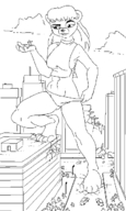 drawing giantess furry anthro city monochrome long_hair destruction handheld chaswari vehicles outdoors sideboob crowds running_away cracked_pavement pulling_down_panties cracked_glass
