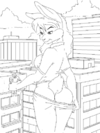 drawing furry anthro city monochrome bunny handheld chaswari outdoors pulling_down_pants