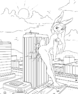 giantess nude furry anthro city long_hair destruction bunny buildings butt_crush chaswari outdoors leaning_back cracked_pavement