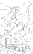 drawing giantess furry anthro city monochrome large_breasts destruction mouse shorts bus chaswari walking looking_down outdoors top