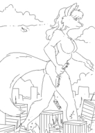 drawing giantess furry tail anthro city monochrome long_hair destruction helicopter fox_ears chaswari walking outdoors