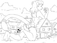 drawing giantess panties tail upskirt monochrome butt destruction blood foot_crush chaswari medium_length_hair houses between_fingers stuck_to_foot pinched tail_rings