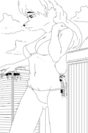 bikini drawing giantess furry anthro monochrome long_hair destruction buildings bus chaswari looking_down outdoors